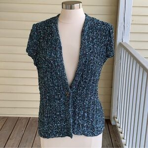 Jones NY Collection Nubby Open Knit Weave Cardigan Size Large Teal & Grey